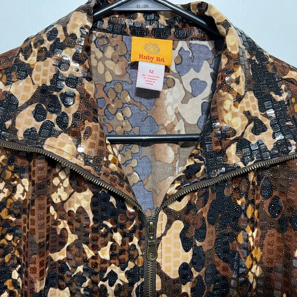 Ruby Rd Womens Snake Print Sequins Zip Up Jacket Size 12 Glitterati Gold‎ Glam